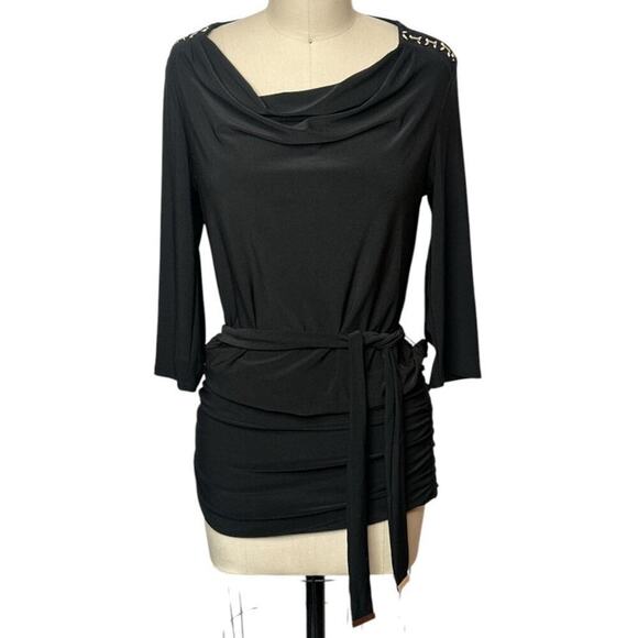 WHBM Black Gold Shoulder Accents Belted Cowl Neck Stretch Top Blouse Women's M - Picture 1 of 7